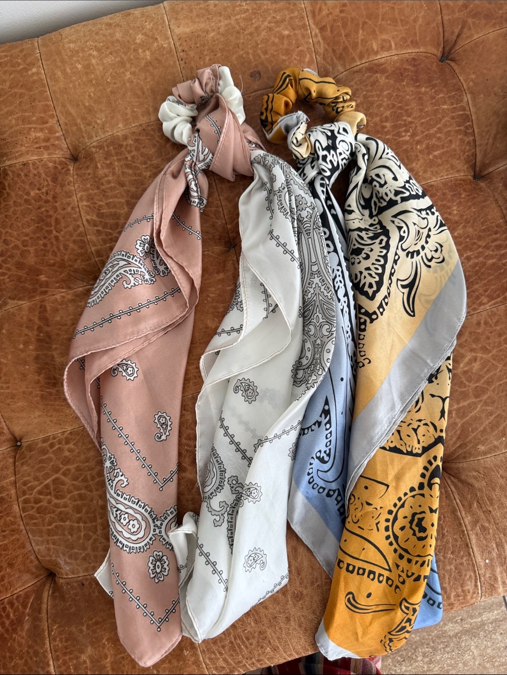Free People Multicolor Bandana Scarf Scrunchie Set - Pink, White, Yellow, Blue